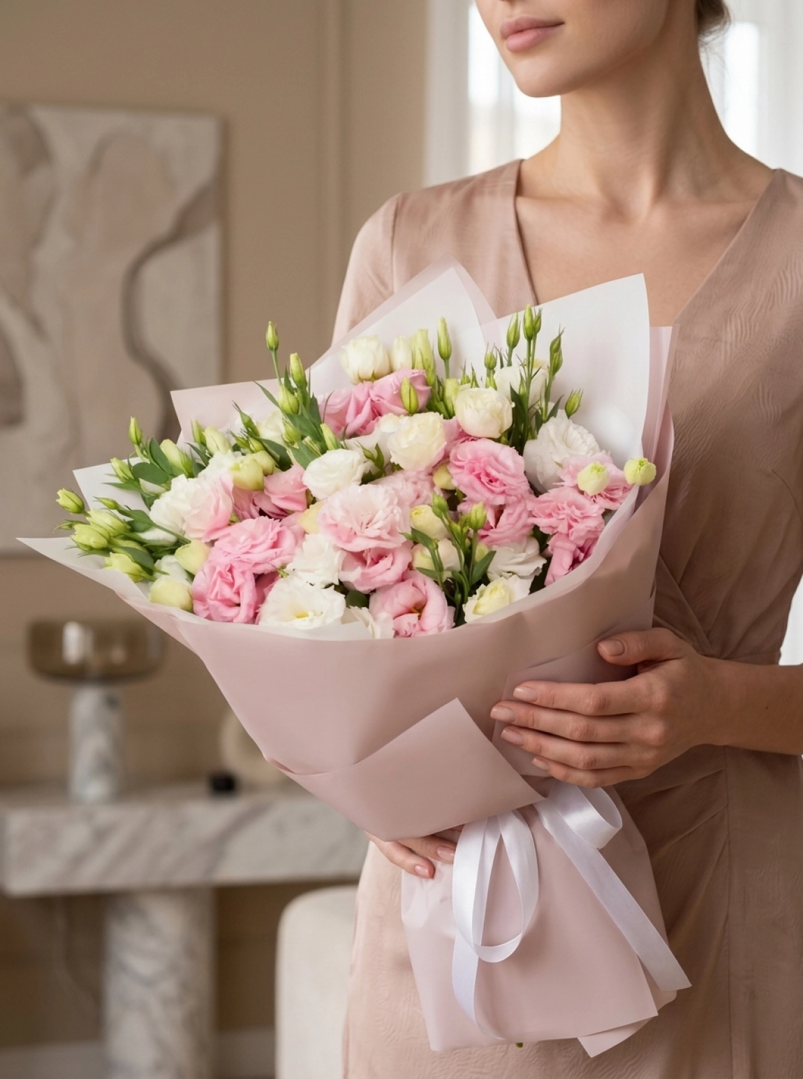 Beyaz Ve Pembe Lisianthus Nuketi