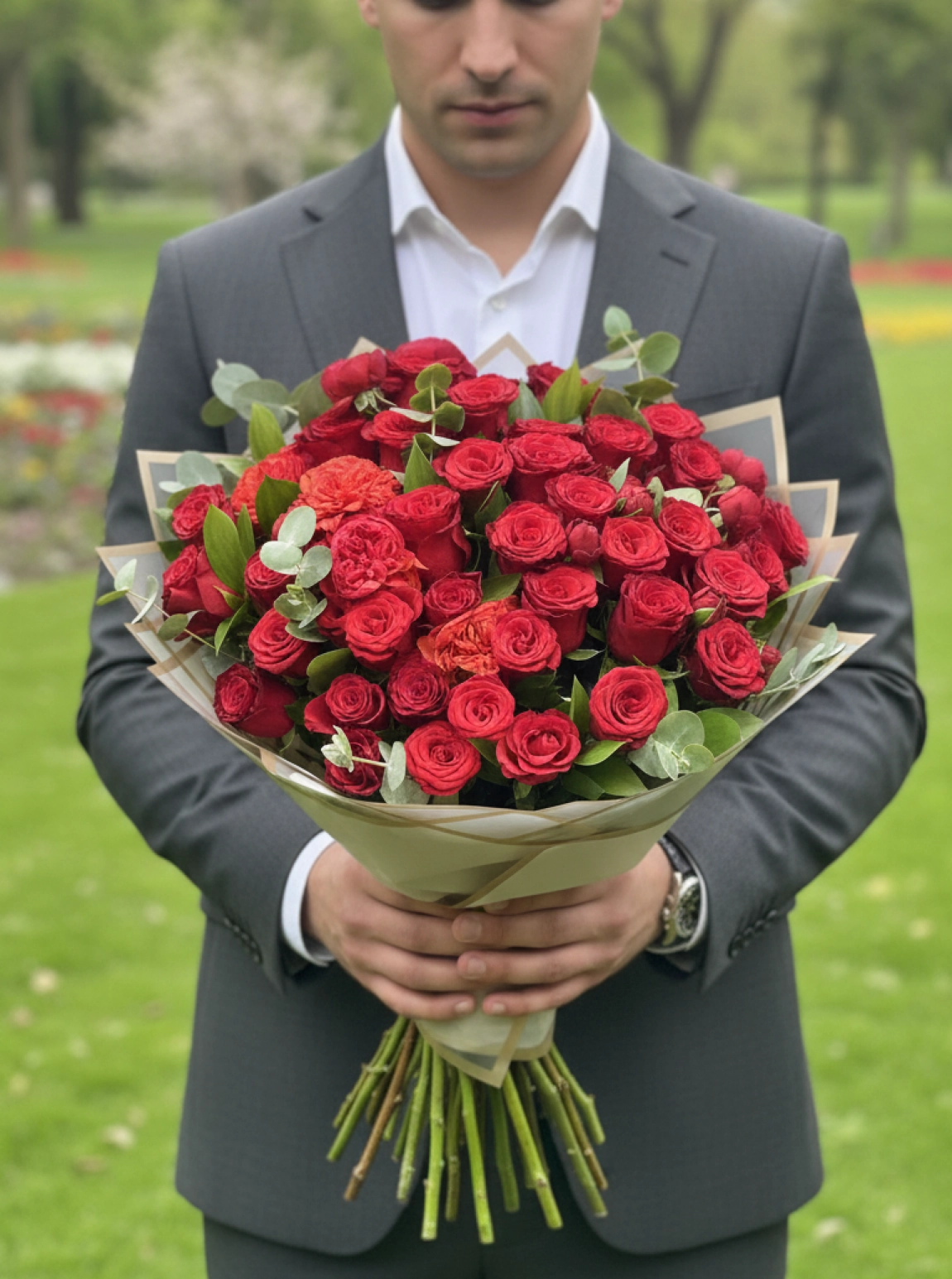 Kırmızı Renk Stanart Ve Şakayık  Gülleri Ile Büyük Boy Buket