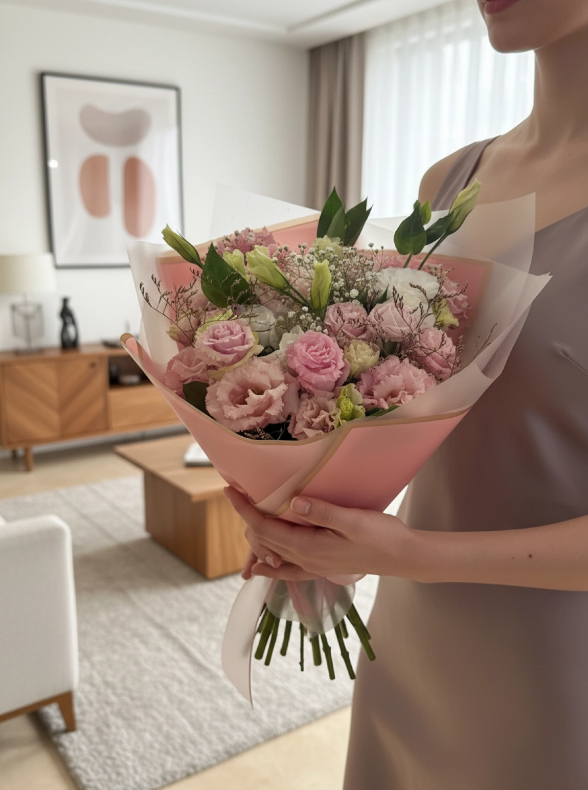 Pembe Ve Beyaz Lisianthus Ile  Romantik Buket