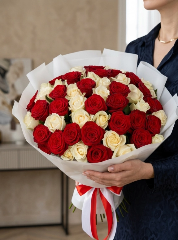 26 Kırmızı 25 Beyaz Gül Buketi