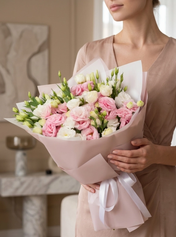 Beyaz Ve Pembe Lisianthus Nuketi