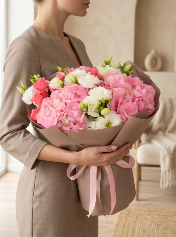 Pembe Ortancalı Gül Ve Lisianthus Buketi