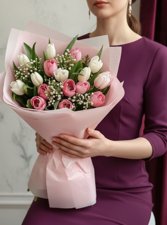 Pembe Ve Beyaz Laleler Ile Sevgi Dolu Buket